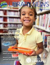 newsletter cover of girl holding a learning tablet in the public library