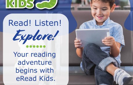 images of children reading books on digital devices with text that encourages people to use the eread kids digital library
