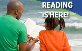 adult summer reading graphics - man and child reading a book on beach